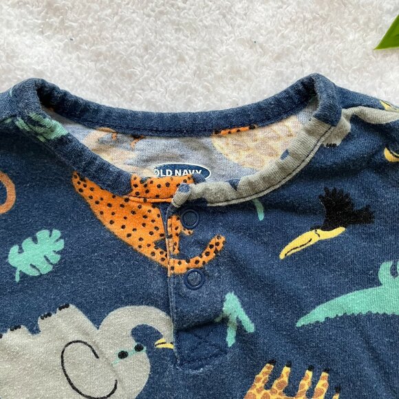 Old Navy Baby Romper 0-3M | Navy Jungle Animal Print One-Piece | GUC - Picture 2 of 16